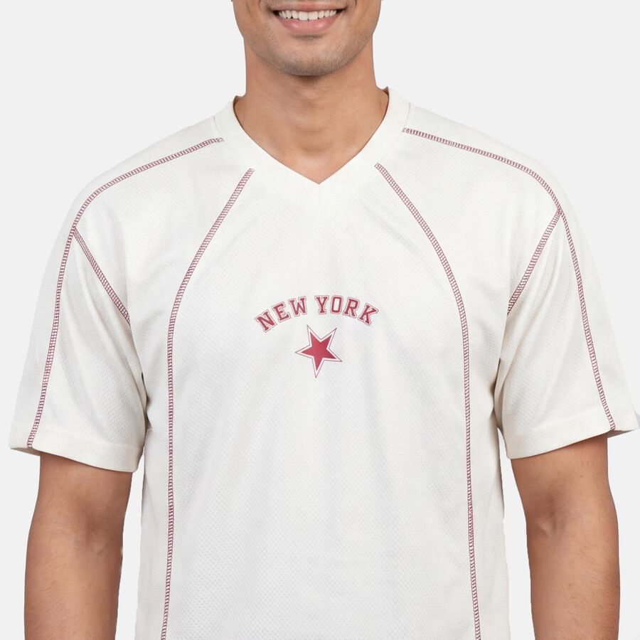 Men's White Round Neck Athleisure T-Shirt, ऑफ व्हाइट, large
