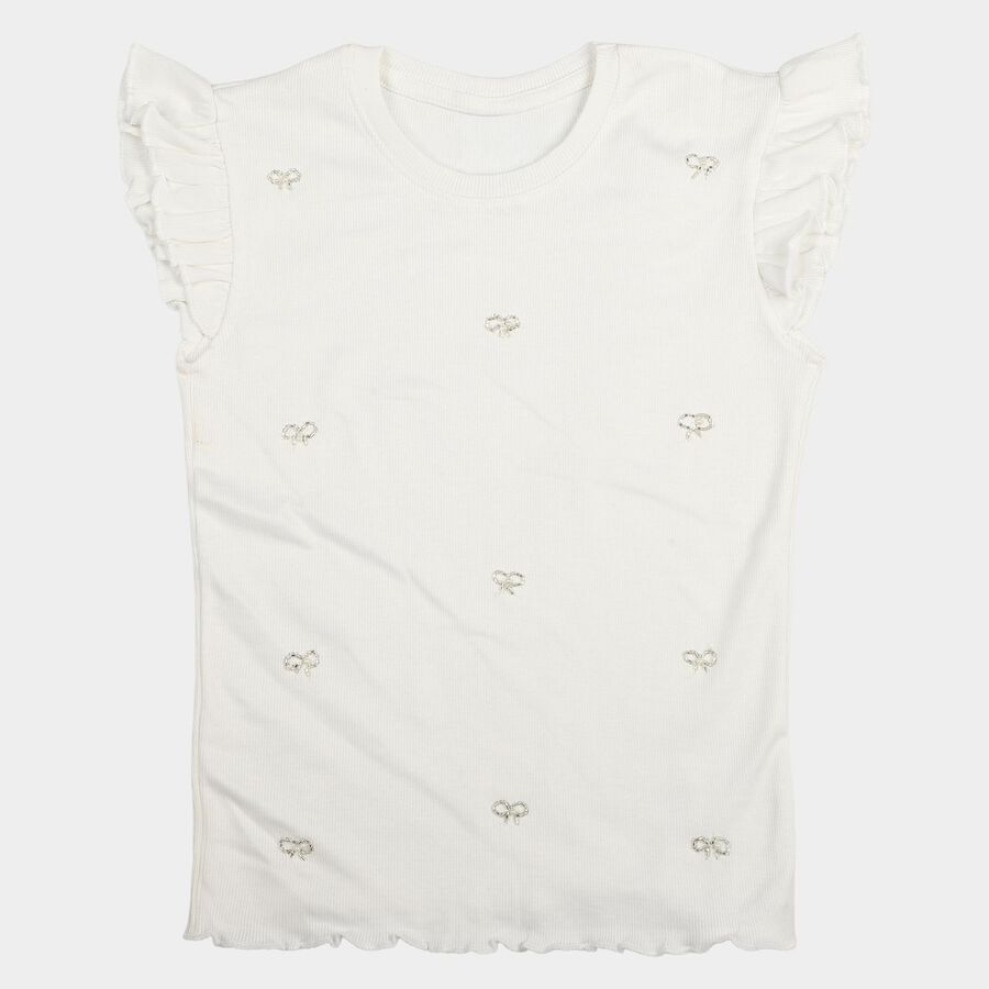 Girls White Round Neck Casual T-Shirt, White, large