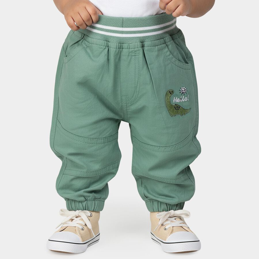 Infants' Green Regular Fit Dinosaur Embroidered Trousers, ओलिव, large