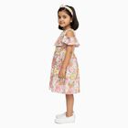 Girls' Multicolor Floral Cold Shoulder Cotton Frock, Off White, small image number null