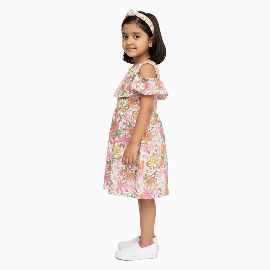 Girls' Multicolor Floral Cold Shoulder Cotton Frock, Off White, large image number null