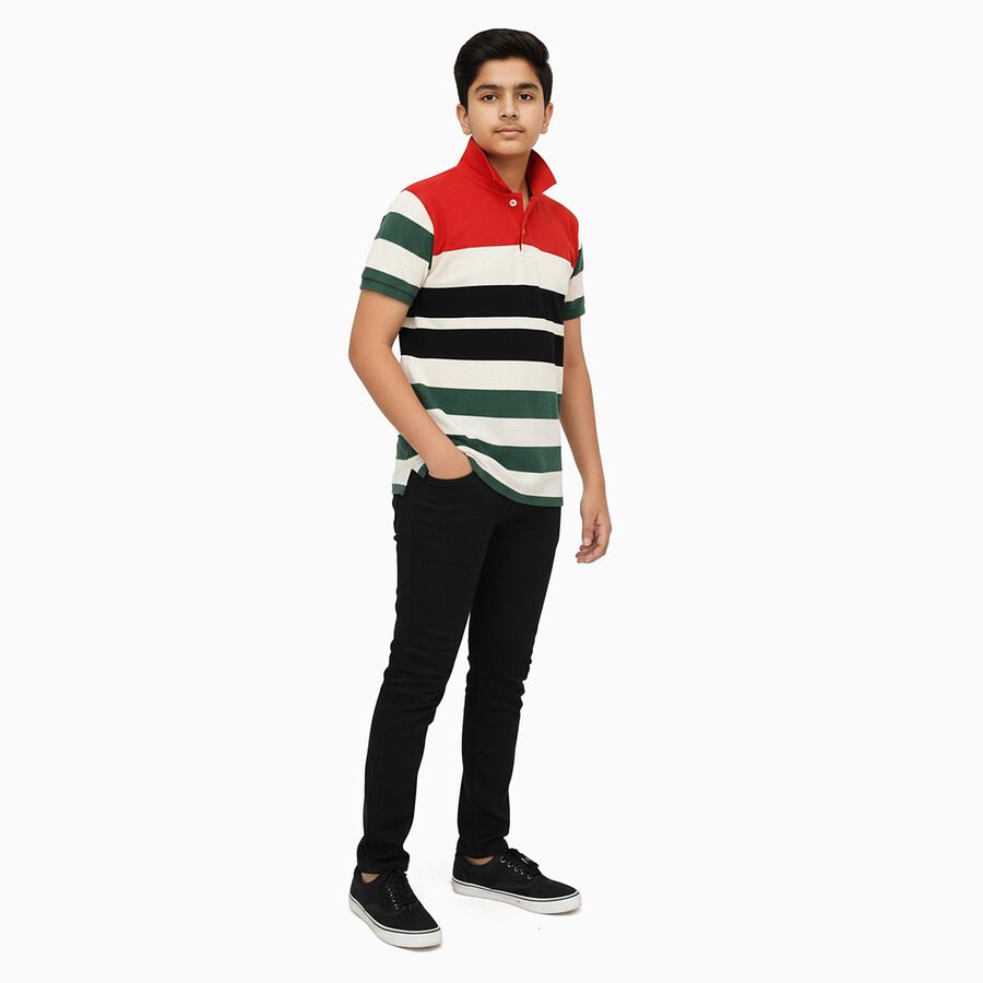 Boys Red and Green Polo Neck Casual T-Shirt, Red, large image number null