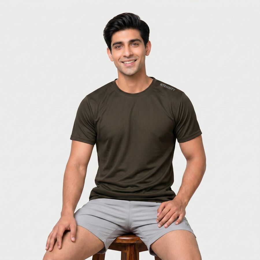 Men Olive Green Round Neck Regular T-Shirt, Olive, large