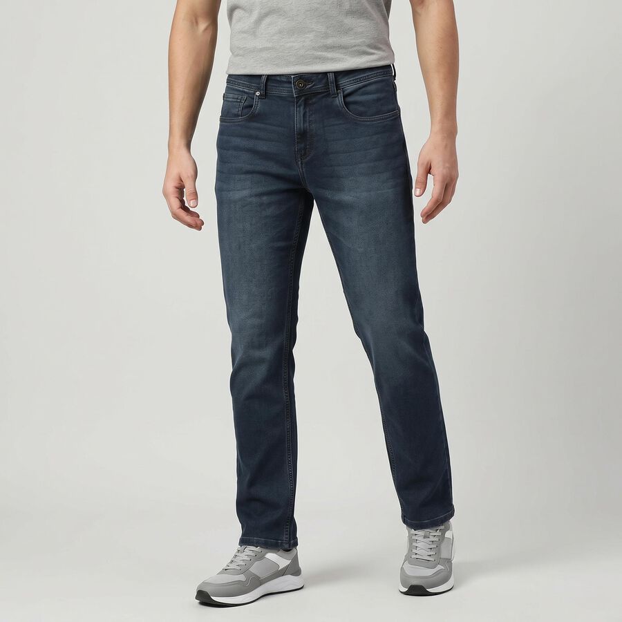 Men's Navy Blue Straight Fit Stretchable Jeans, गहरा नीला, large