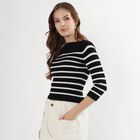Women's Black and White Boat Neck Striped Top, काला, small