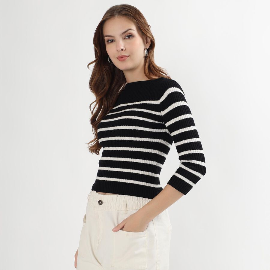Women's Black and White Boat Neck Striped Top, काला, large