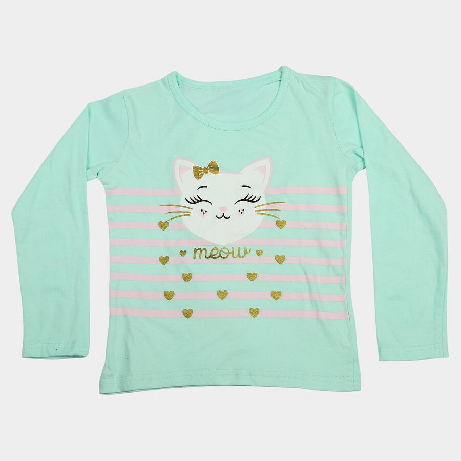 Girls' Mint Green Cotton Round Neck Regular Top, हल्का हरा, large