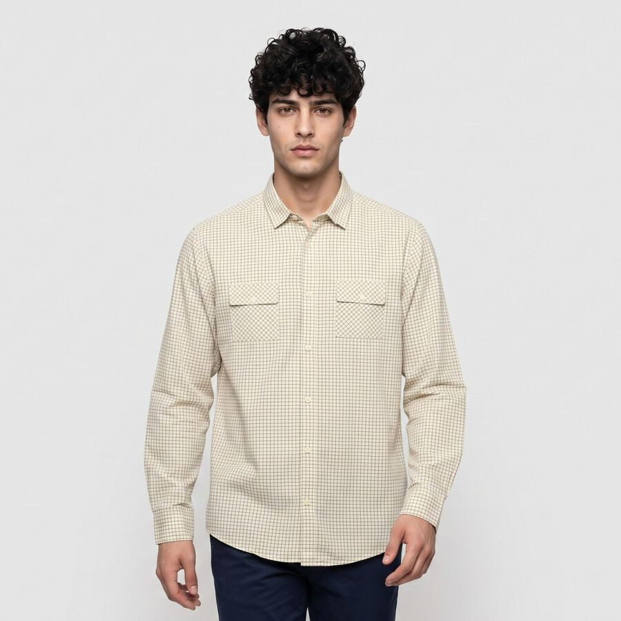 Men's Beige Cotton Long Sleeve Collar Casual Shirt, गहरा पीला, large