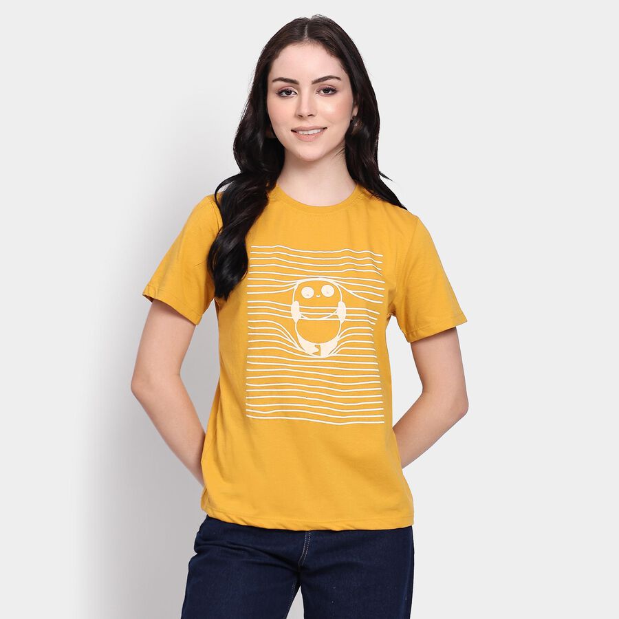 Ladies'  Stripes Round Neck T-Shirt, Mustard, large