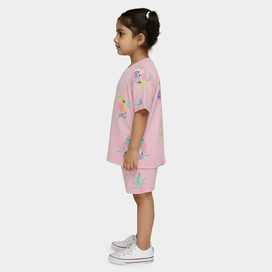 Girls' Pink Cotton Crew Neck Casual Top and Shorts Set, गुलाबी, large