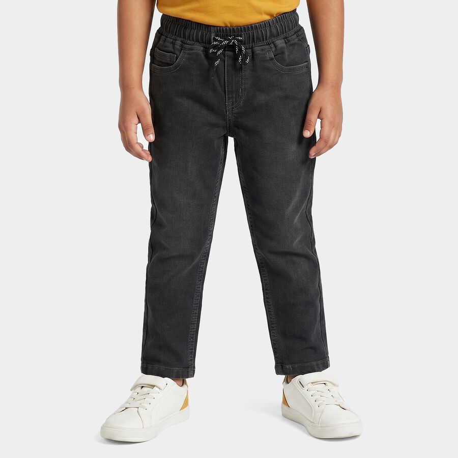 Boys Dark Grey Straight Fit Drawstring Waist Jeans, गहरा ग्रे, large