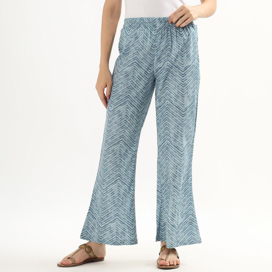 Women's Muted Steel Blue Slim Fit Chevron Printed Palazzos, Mid Blue, large image number null