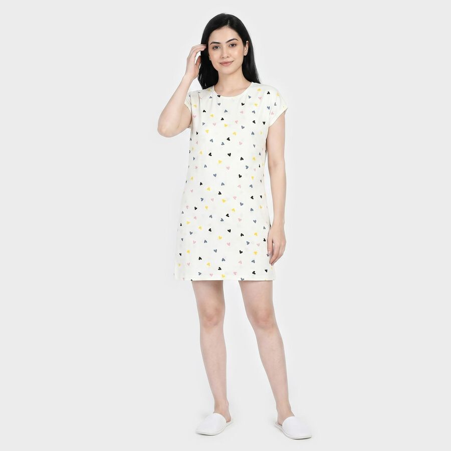 Women's White Round Neck T-Shirt Style Nighty, White, large