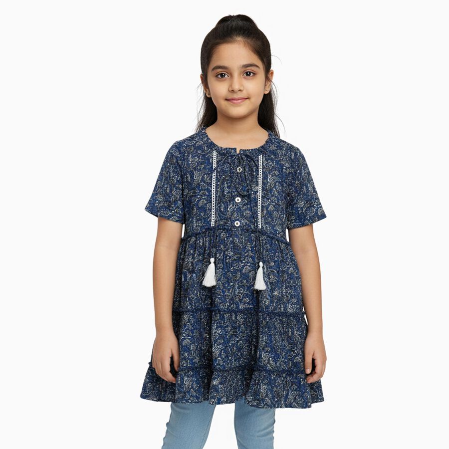 Girls Navy Blue Round Neck Bohemian Dress, Mid Blue, large image number null