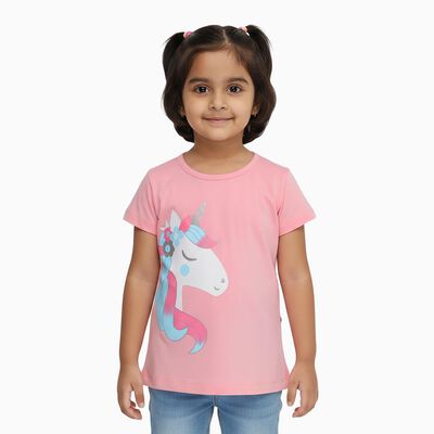Girls' Pink Cotton Round Neck Casual T-Shirt