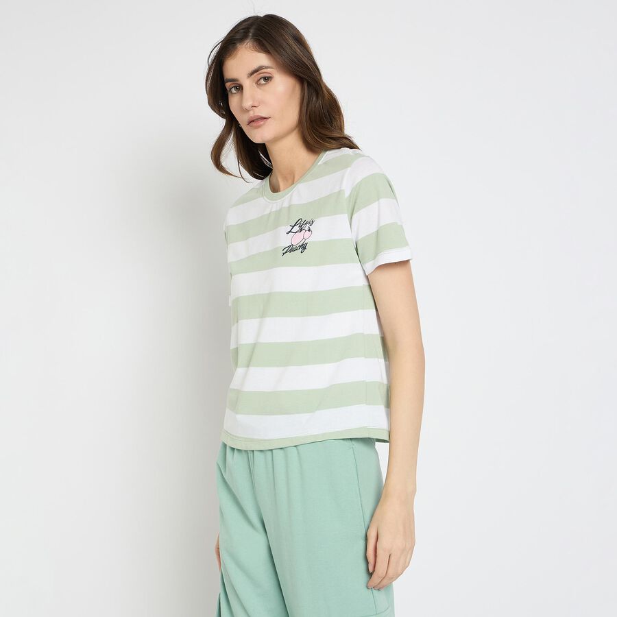 Ladies'  Stripes Round Neck T-Shirt, Light Green, large image number null