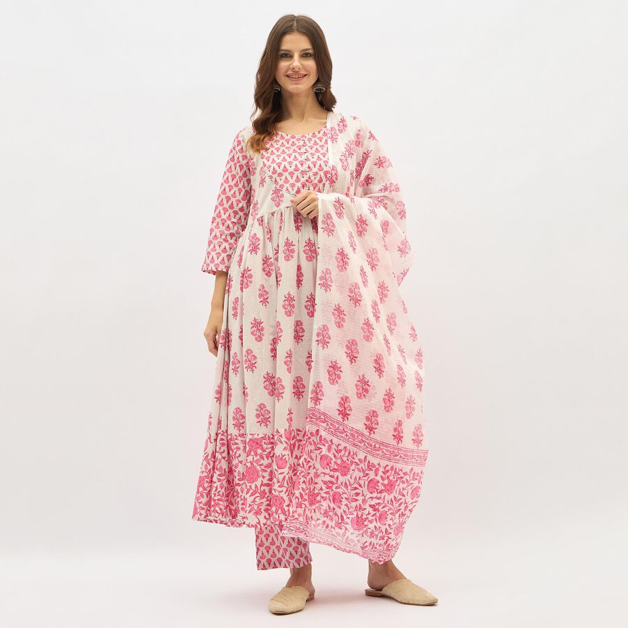 Women's Light Pink Cotton Floral Printed Ethnic Set, Light Pink, large image number null