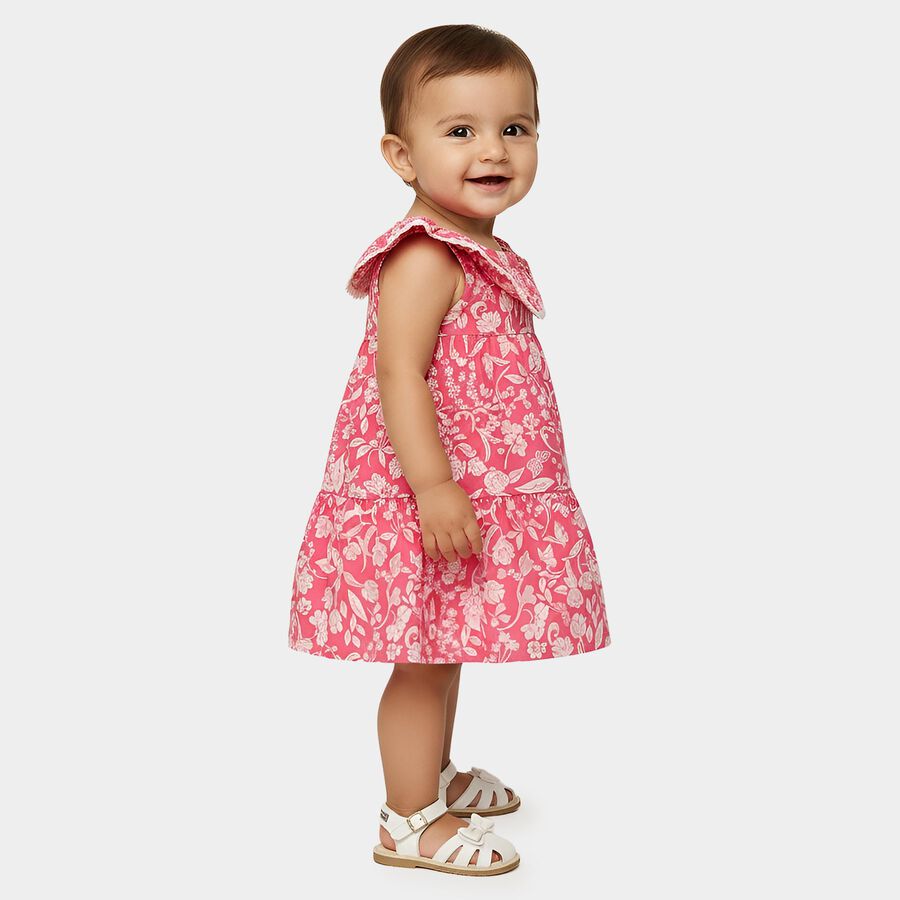 Infant Girls' Pink Regular Fit Floral Printed Tiered Frock, Pink, large