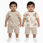 Infants' Beige Cotton Round Neck Animal Print Baba Suit, Beige, small image number null
