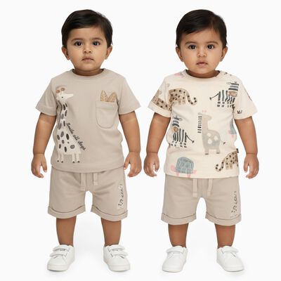 Infants' Beige Cotton Round Neck Animal Print Baba Suit