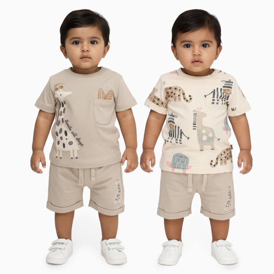 Infants' Beige Cotton Round Neck Animal Print Baba Suit, Beige, large image number null
