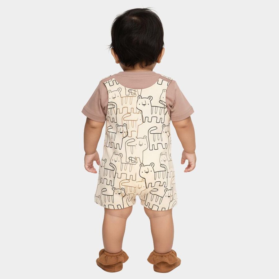 Infants' Beige Cotton Round Neck Cartoon Print Baba Suit, Beige, large