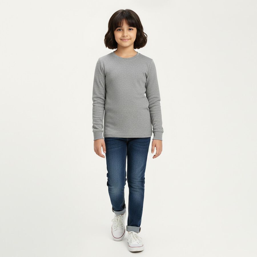Girls Light Grey Round Neck Thermal Upper, Light Grey, large image number null