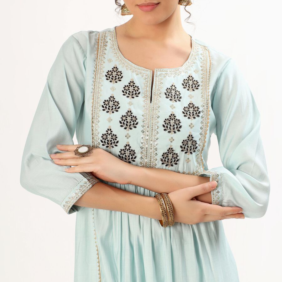 Women's Soft Aqua Blue Embroidered Ethnic Set, Light Blue, large image number null