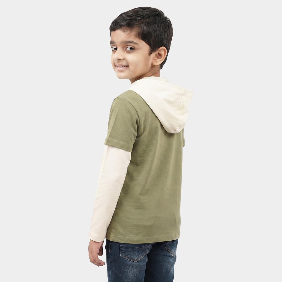 Boys Olive Green Cotton Blend Hooded Neck Regular Boys T-Shirt, Olive, large