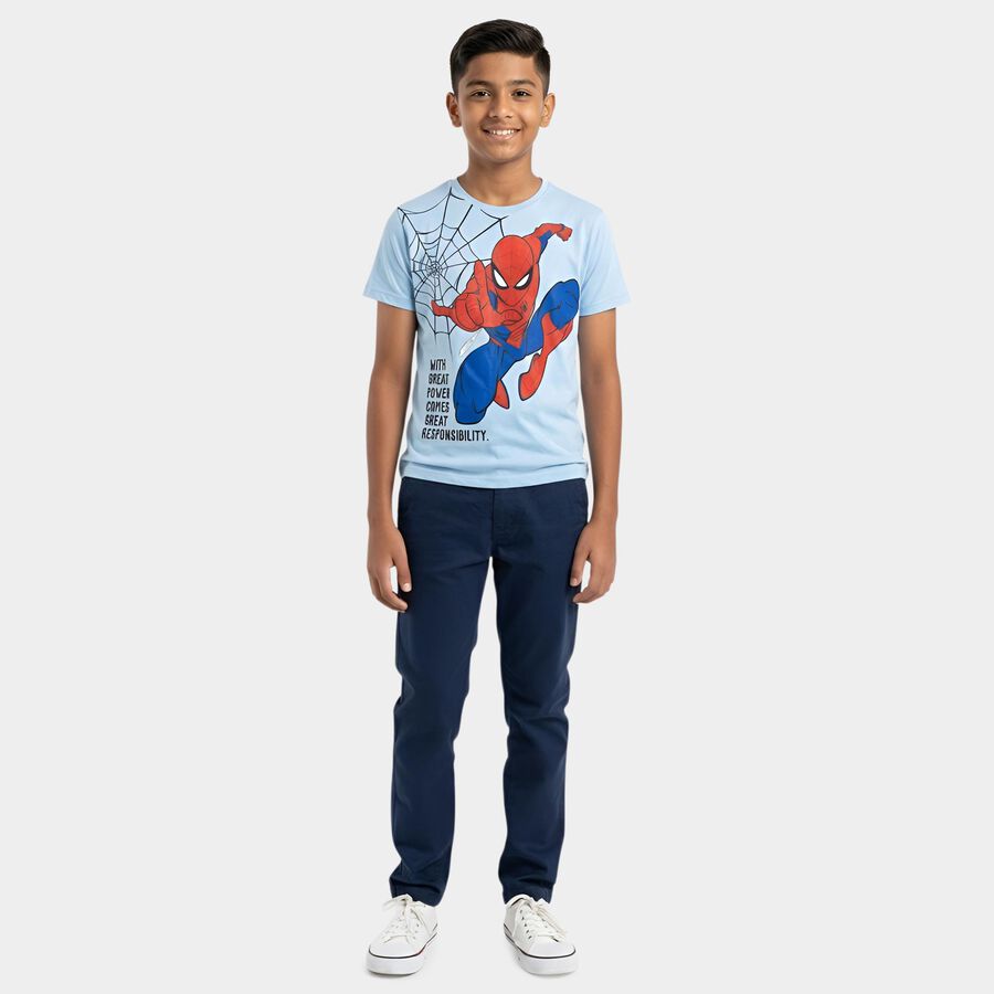 Boys Blue Cotton Round Neck Casual T-Shirt, Light Blue, large