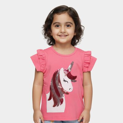 Girls Bright Pink Cotton Round Neck Casual T-Shirt