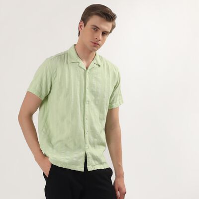 Men's Light Green Cotton Half Sleeve Cuban Collar Casual Shirt