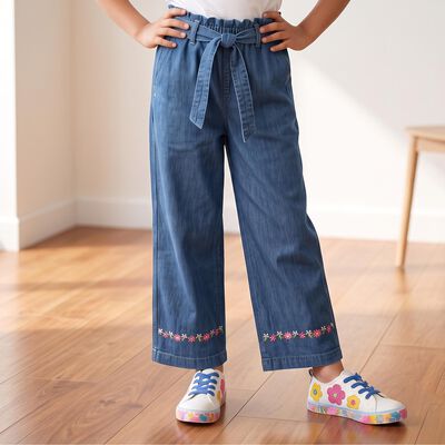 Girls Light Blue Wide Leg Fit Embroidered Jeans