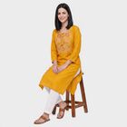 Women's Yellow Round Neck Embroidered Kurta, Yellow, small