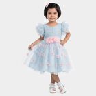 Girls' Light Blue Fit and Flare 3D Floral Applique Party Wear Frock, हल्का नीला, small