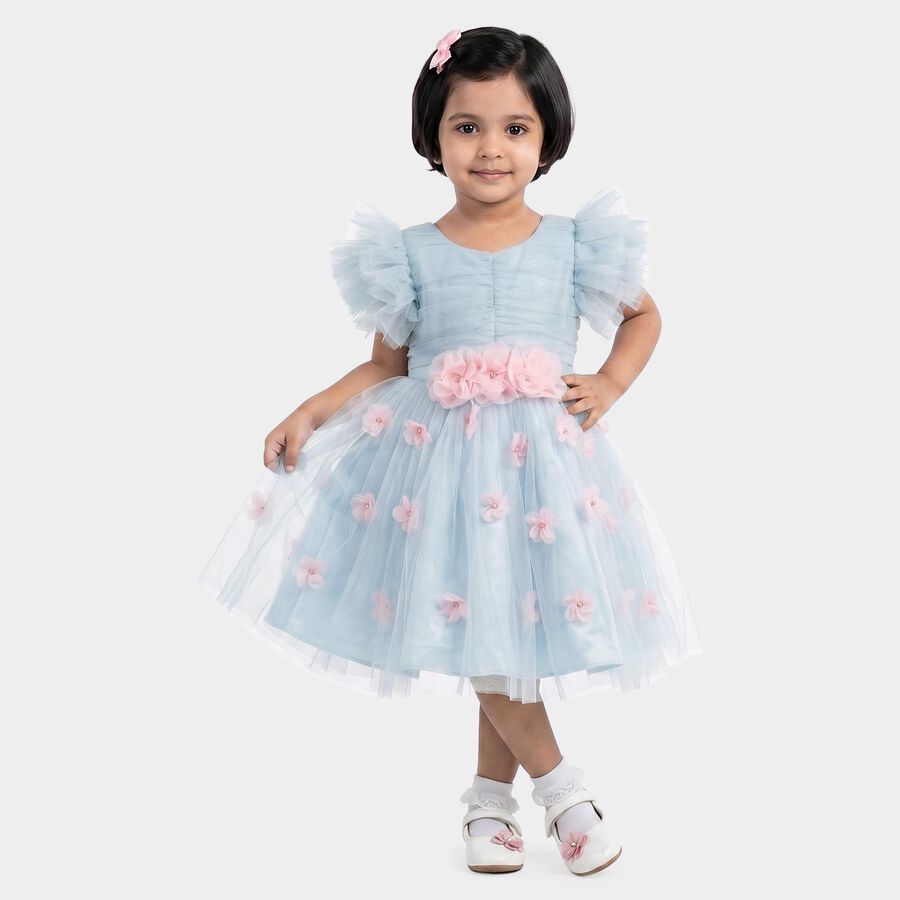 Girls' Light Blue Fit and Flare 3D Floral Applique Party Wear Frock, हल्का नीला, large