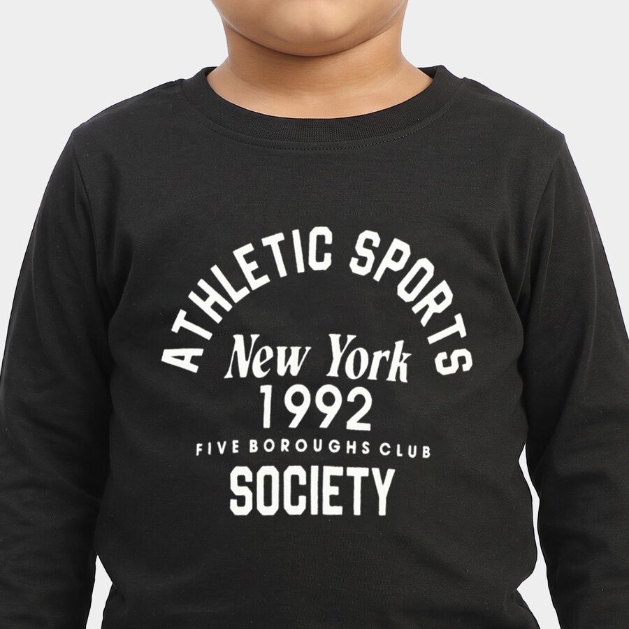 Boys' Black Round Neck Regular T-Shirt, काला, large