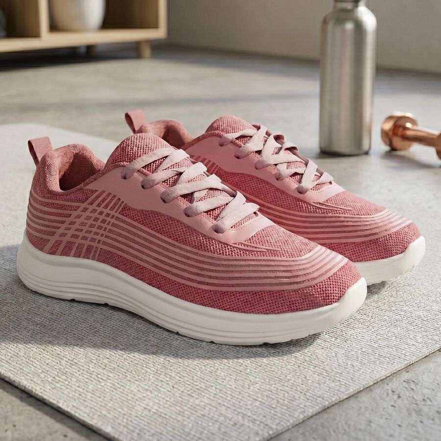 Women's Pink Lace-Up Sneakers, गुलाबी, large