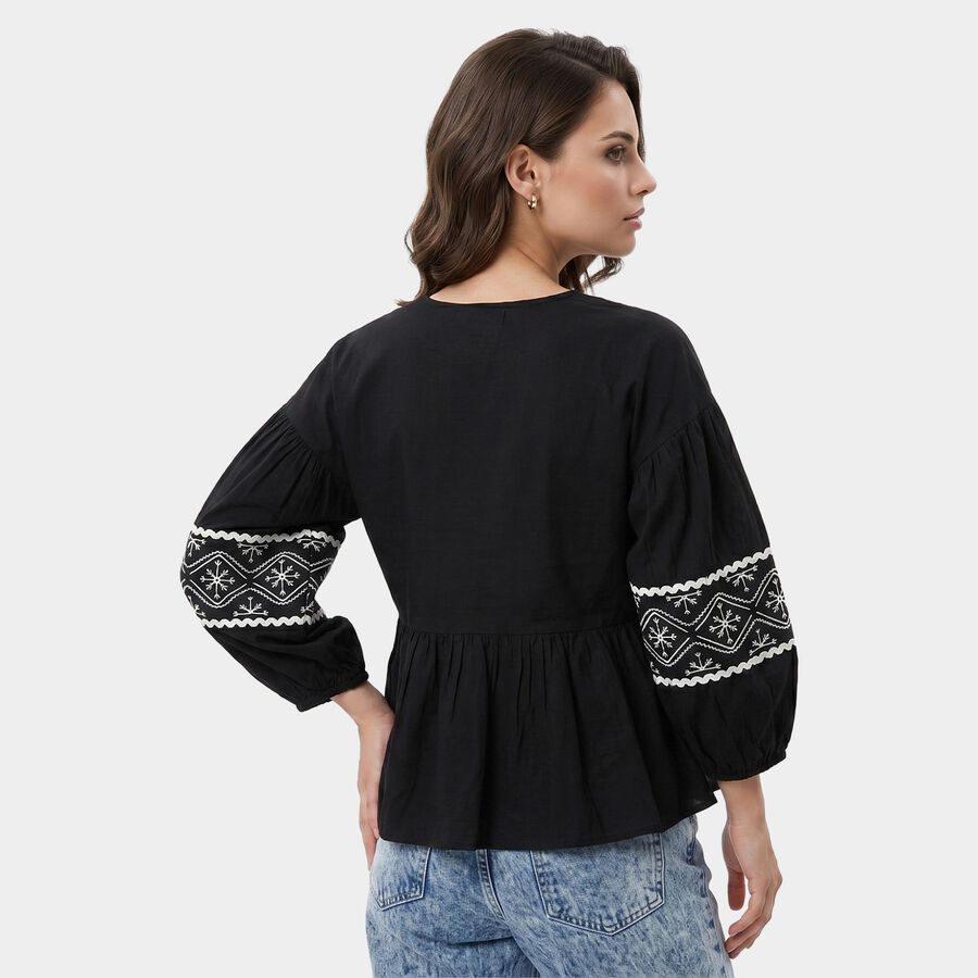 Women Black Round Neck Regular Fit Shirt, काला, large