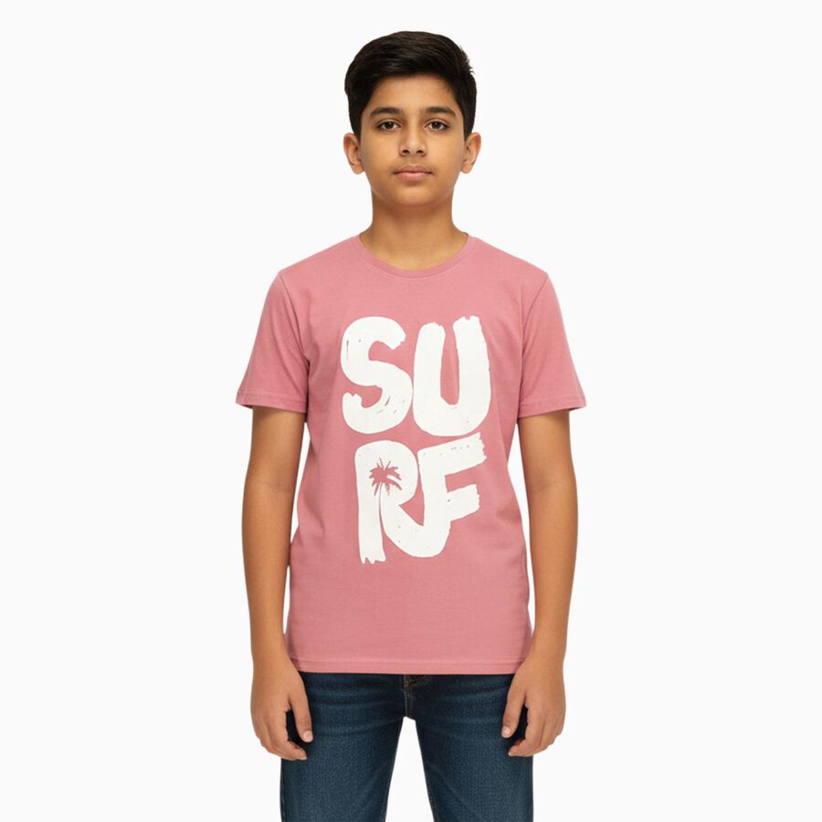 Boys Muted Dusty Pink Crew Neck Casual Half Sleeve T-Shirt, गुलाबी, large image number null