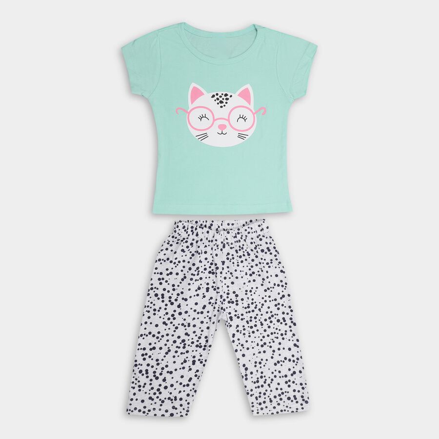 Girls' 100% Cotton Capri Set , हल्का हरा, large image number null