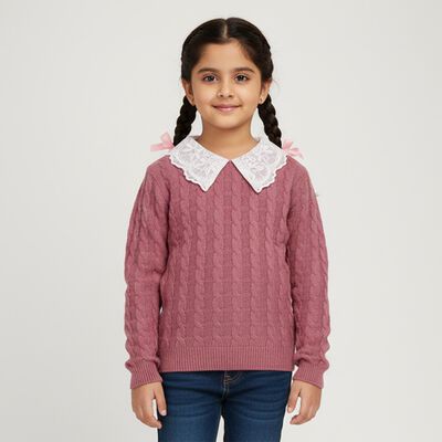 Girls Dusty Rose Lace Collar Cable Knit Pullover