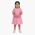 Girls' Bright Pink Butterfly Print Cold-Shoulder A-Line Frock, Pink, small image number null