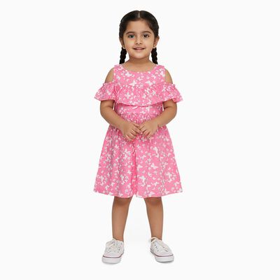Girls' Bright Pink Butterfly Print Cold-Shoulder A-Line Frock