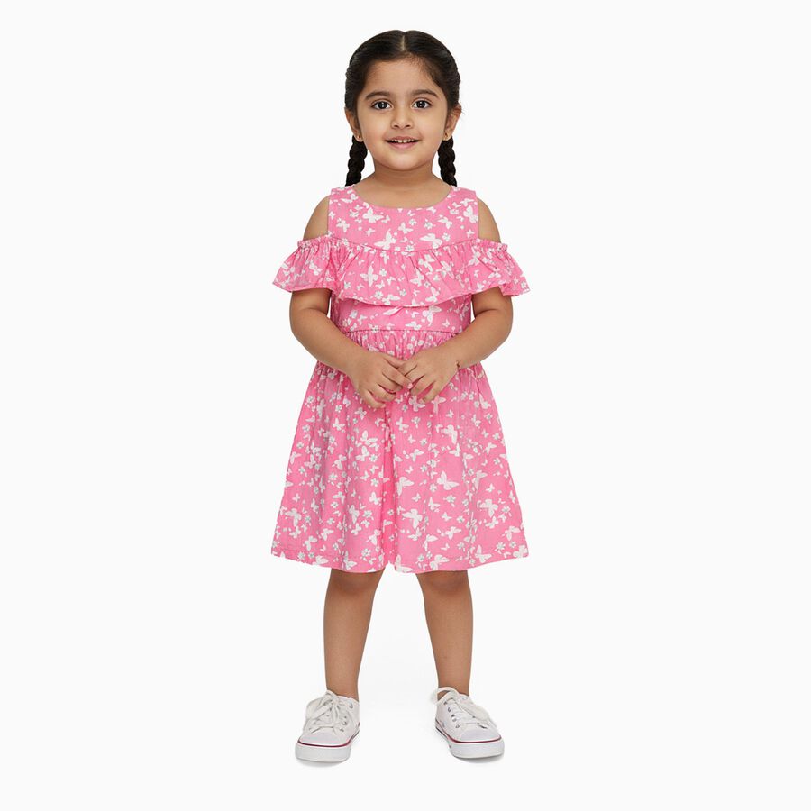 Girls' Bright Pink Butterfly Print Cold-Shoulder A-Line Frock, Pink, large image number null