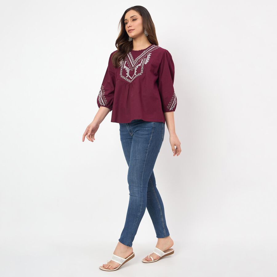 Women's Wine Cotton Round Neck Side Tie-Up Top, Wine, large