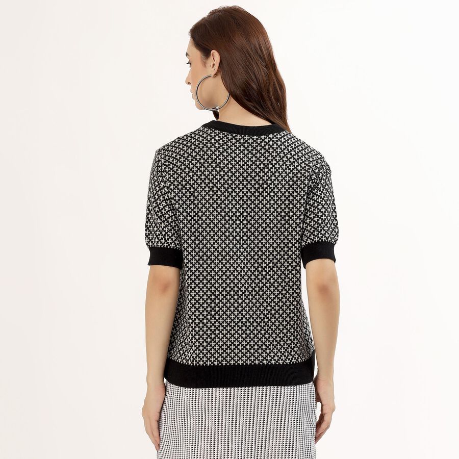 Women's Black Cotton Round Neck Geometric Top, Black, large image number null