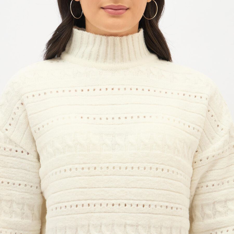 Women's Off-White High Neck Casual Cardigan, ऑफ व्हाइट, large image number null