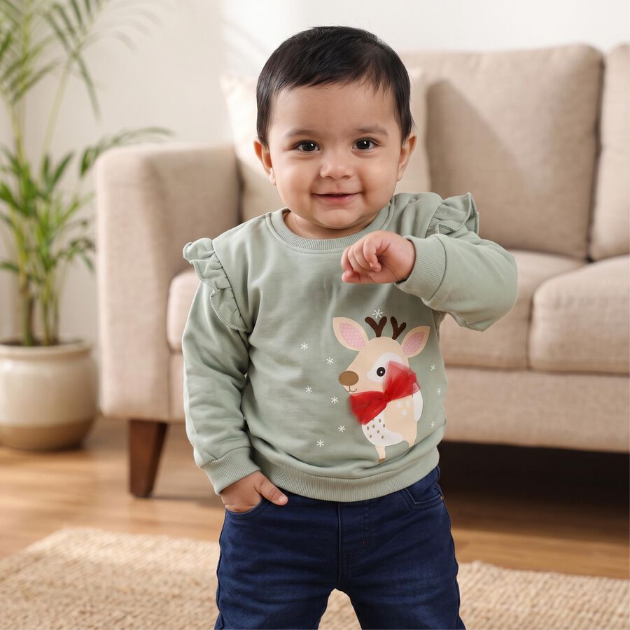 Infants' Sage Green Cotton Round Neck Pullover Sweatshirt, हल्का हरा, large