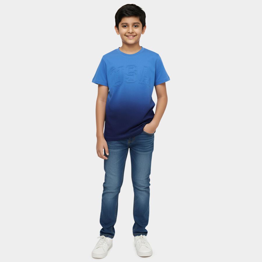 Boys' Navy Blue Cotton Round Neck Casual T-Shirt, गहरा नीला, large